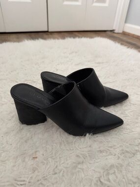 ROHB Black Pointed-Toe Slip-On Block Heel Mules
